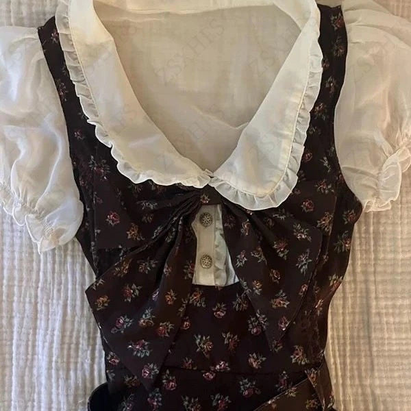 Sweet Gyaru Chic Dress y2k Summer Women's Clothing Floral Puff Sleeve Girdling Waist Lady Gowns Lace Up Ruffled Graceful Dresses Badiee Stylez