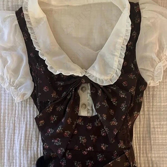 Sweet Gyaru Chic Dress y2k Summer Women's Clothing Floral Puff Sleeve Girdling Waist Lady Gowns Lace Up Ruffled Graceful Dresses Badiee Stylez