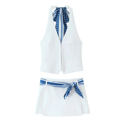 TRAFZA Sweet High Street Slim Lady Set Contrasting Colors Tops Or Belt Shorts 2025 Summer Fall Fashion Holiday Cute Shorts Set Badiee Stylez