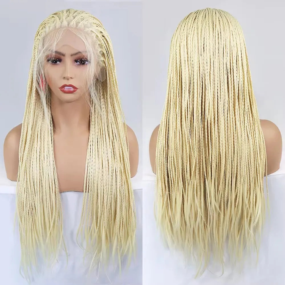 Ombre Blue Box Braided Wigs for Women 26inch Knotless Goddess Box Braid Lace Front Wig Colored Crochet Braid Synthetic Wig 613 26inches 13x3 Lace Front