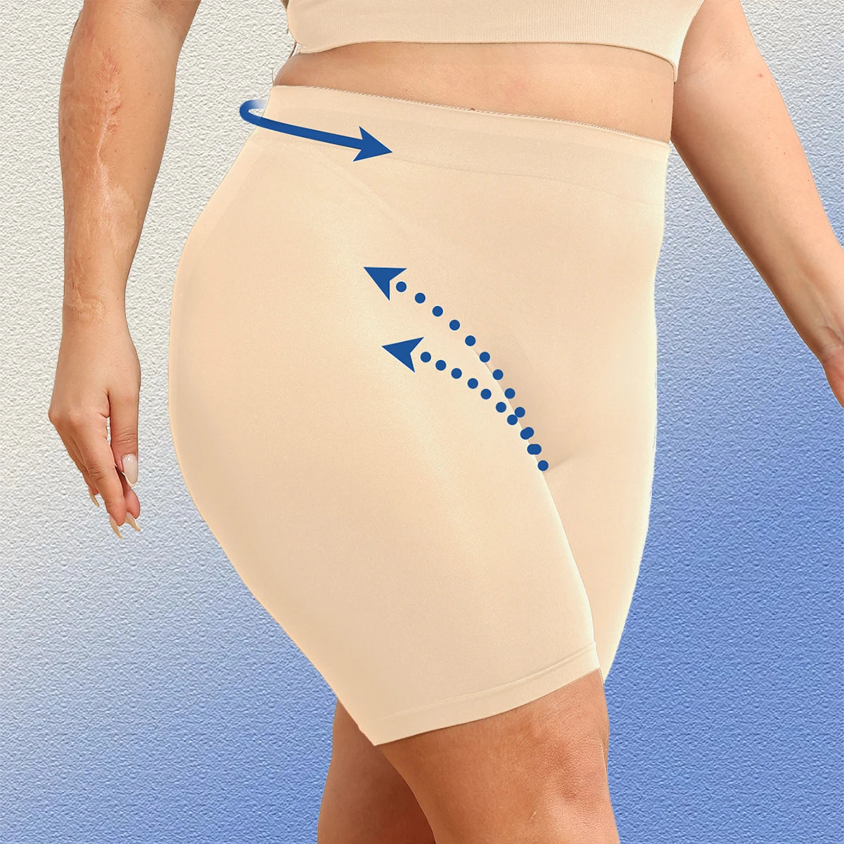Plus-size women's shorts with tummy control and butt-lifting features to prevent exposure and provide safety shorts. Beige
