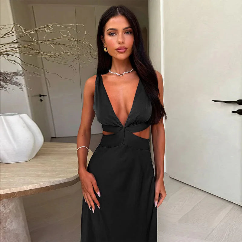 Tornova Deep V neck Hollow Long Dress Female Sleeveless Slit Beach Vacation Dress Solid Color High Waist Bodycon Women's Dress
