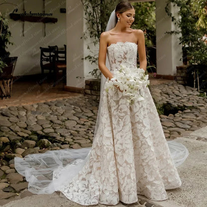 Lakshmigown Full Lace Strapless Wedding Dress Featuring Stunning Lace Appliques and Floral A-Line Bridal Dress Customized Badiee Stylez