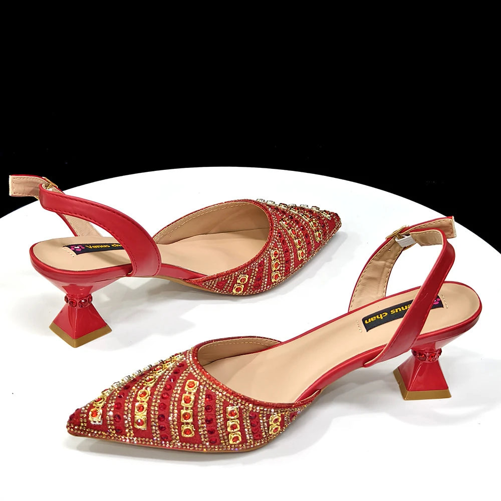 2025 Luxurious Italian Women's Party Shoes & Bag Set – Elegant Golden Rhinestone Spring/Summer Sandals with Pointed High Heels f