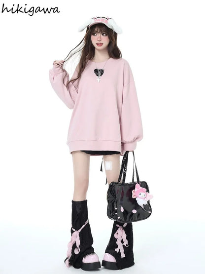 Sweet Sweatshirt Women Clothing Bow Bangage O-neck Long Sleeve Casual Y2k Tops 2025 Ropa Mujer Fashion Japanese Y2k Hoodies