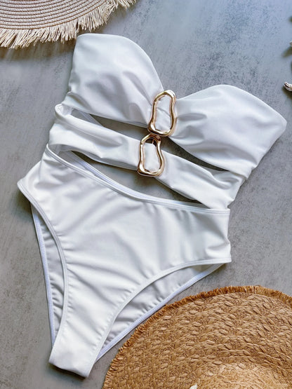 3 Colors Sexy Metal Rings Cut Out Women Swimwear One Piece Swimsuit Female Bandeau High Leg Cut Bather Bathing Suit Swim B022D B027D