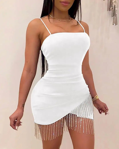 2024 Europe and the United States bag buttock dress nightclub with chest fringe hot diamond suspenders new style Ivory