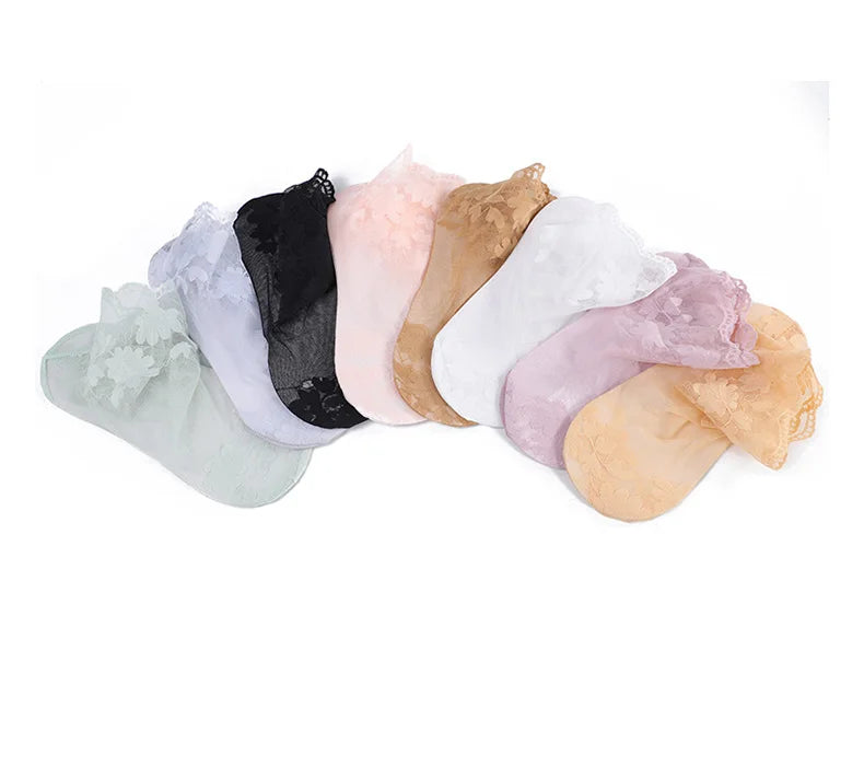 5 Pairs/Lot Socks women's Lace Transparent Lolita Invisible Summer Thin Non-slip Short Ankle Black Low Cut Boat Sock