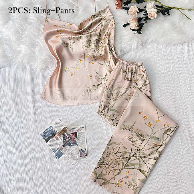Four Pieces Pajamas Set Printed Little Cherry Sleepwear Women Satin Nightgown With Suspender Sling&Shorts Summer Home Clothes Champagne Cherry E