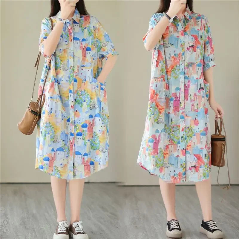 Fashionable Cartoon Printed Short-sleeved Shirt Skirt for Women in Summer Loose Dress