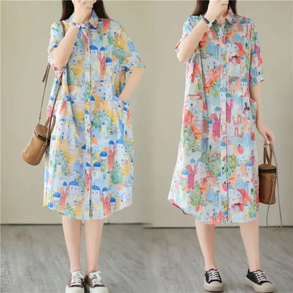 Fashionable Cartoon Printed Short-sleeved Shirt Skirt for Women in Summer Loose Dress