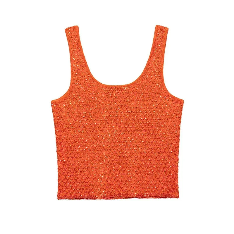 Elegant Sequined Orange Cardigans Women Y2k O-neck Short Sleeve One Button Female Tops 2025 Street Summer Lady Chic Knitwear