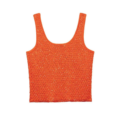 Elegant Sequined Orange Cardigans Women Y2k O-neck Short Sleeve One Button Female Tops 2025 Street Summer Lady Chic Knitwear