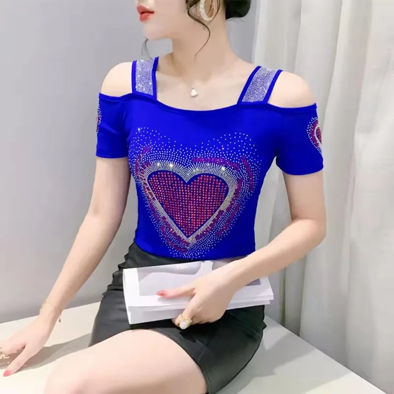 New Arrival Summer European Clothes Women's T-Shirts Chic Luxury Butterfly Hot Diamonds Tees Sexy Girl Slim Streetwear Tops Picture color 15