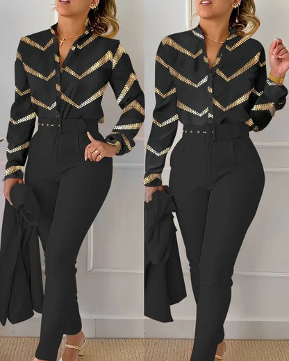 Autumn Winter Stand Neck Floral Print Long Sleeve Shirt Pants Two Piece Sets Elegant Women Casual Shirt Trousers Suits With Belt