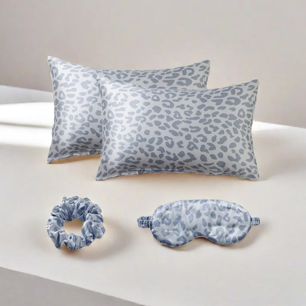 Leopard Print 4PCS Satin Sleep Set – 2 Pillowcases with Eye Mask and Hair Scrunchie for Nighttime Beauty Care and Travel Comfort Badiee Stylez