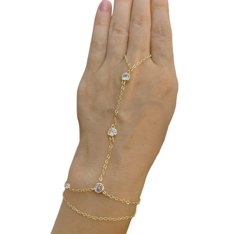 14K Gold Plated Titanium Fashion Bracelet for Women Dainty Triple Hand Chain Finger Bracelet with Zircon Crystal, Gifts for Girl 17cm