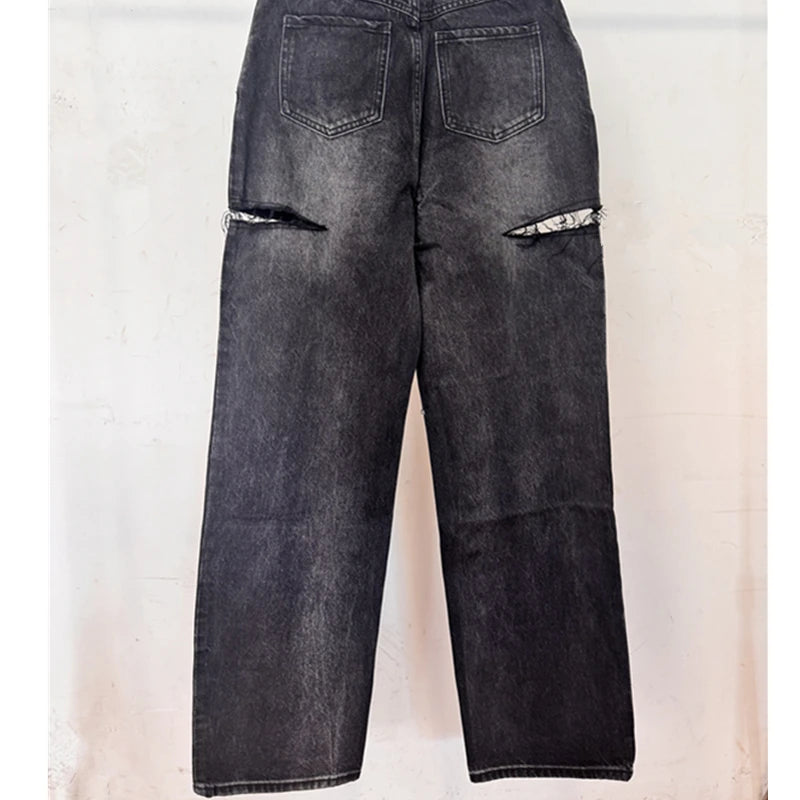 Dave&Di Summer British High Street Retro Loose Jeans With High Waist Wide Legs Broken Jeans For Women Boyfriend Style Mom Jeans