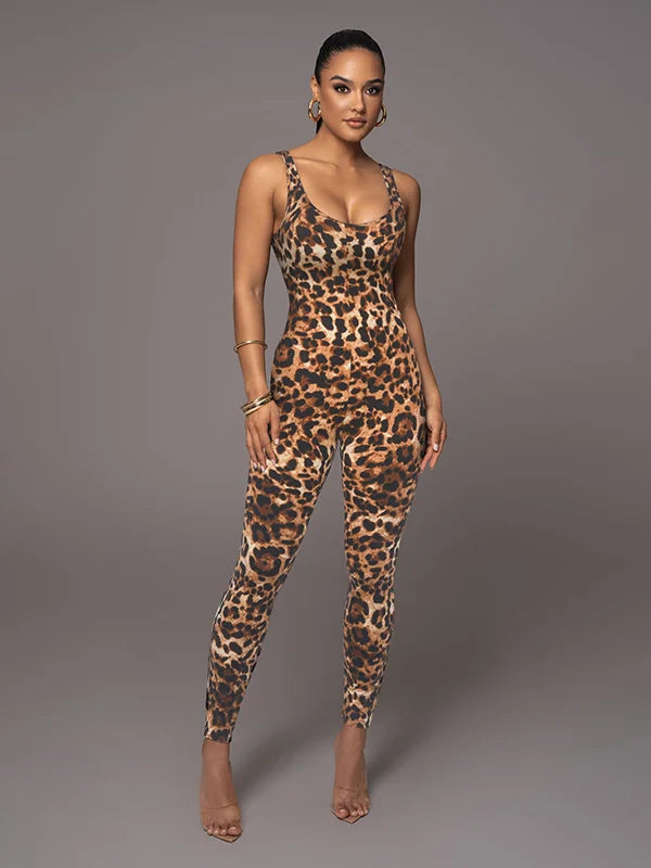 Women's Sexy Leopard Print Skinny Nightclub Jumpsuit Spaghetti-Neck Yoga Clothes Fitness Coverall Female Club Outfits YELLOW LEOPARD