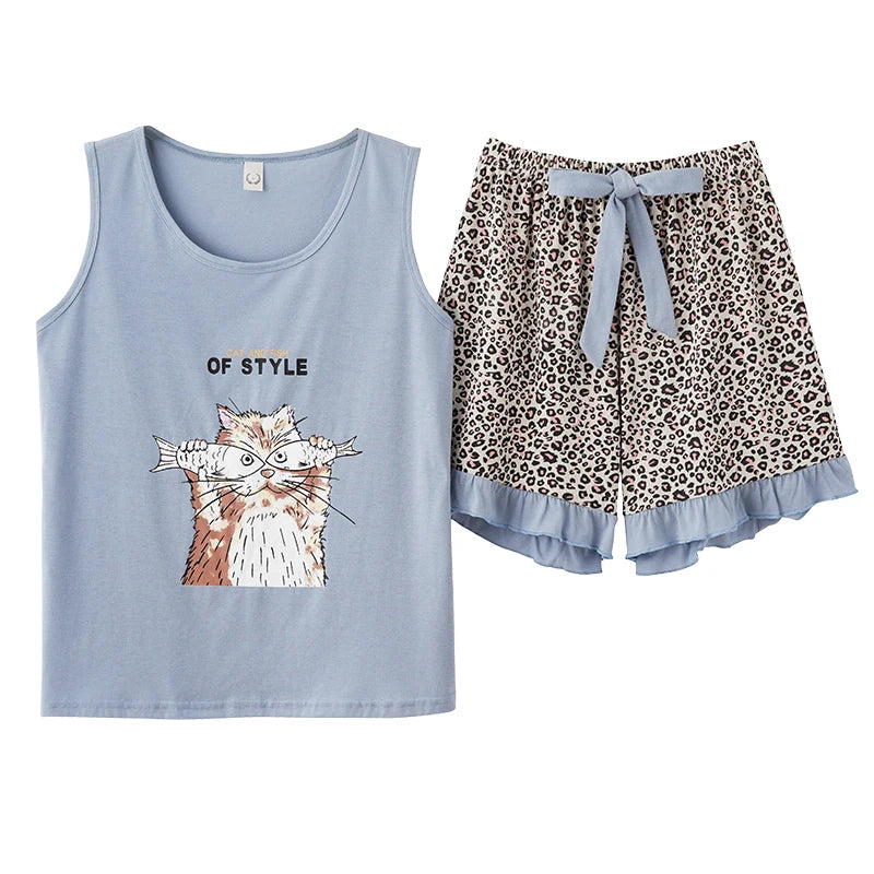 Women Pajamas Set Summer Sexy Sleepwear Sleeveless Lingerie Cotton O-Neck Pure Color Vest + Print Shorts 2 Piece Sets 4XL пижама FB-Y24006