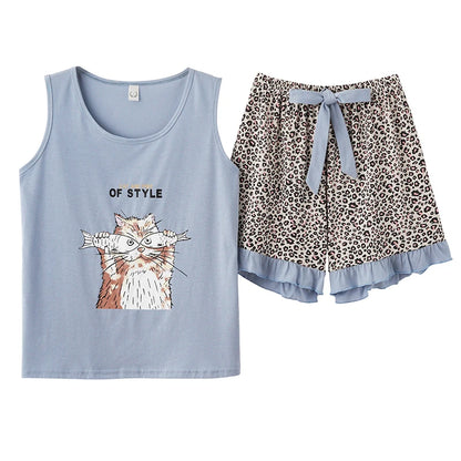 Women Pajamas Set Summer Sexy Sleepwear Sleeveless Lingerie Cotton O-Neck Pure Color Vest + Print Shorts 2 Piece Sets 4XL пижама FB-Y24006