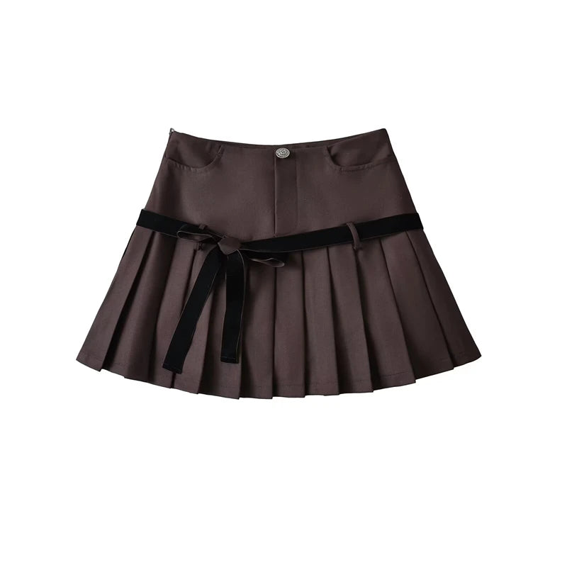 Women's Y2k A-line Pleated Skirt Vintage Plaid Mini Skirt Harajuku Korean Elegant Preppy Style Bow Skirts 2000s Clothes Summer Coffee