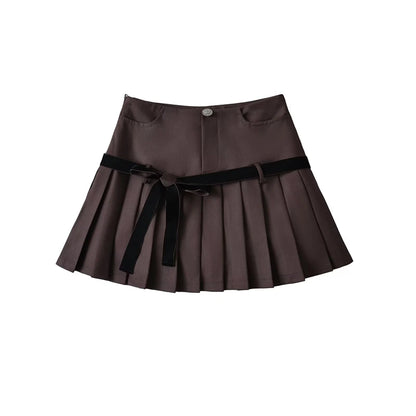 Women's Y2k A-line Pleated Skirt Vintage Plaid Mini Skirt Harajuku Korean Elegant Preppy Style Bow Skirts 2000s Clothes Summer Coffee