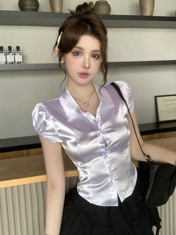 Summer Sexy Silk Shirts Women 2025 Korean Fashion Clothes Short Sleeve Button Up Ladies White Puff Sleeve Crop Tops and Blouses