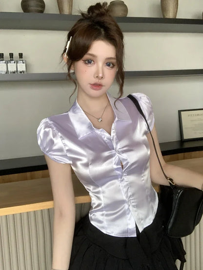 Summer Sexy Silk Shirts Women 2025 Korean Fashion Clothes Short Sleeve Button Up Ladies White Puff Sleeve Crop Tops and Blouses
