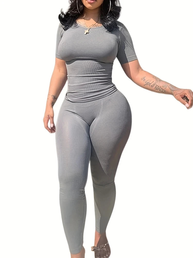 New style Lounge Wear Ribbed Casual 2 Piece Summer Shorts Set For Women Sleeve Top+Elastic Leggings Outfits Silver
