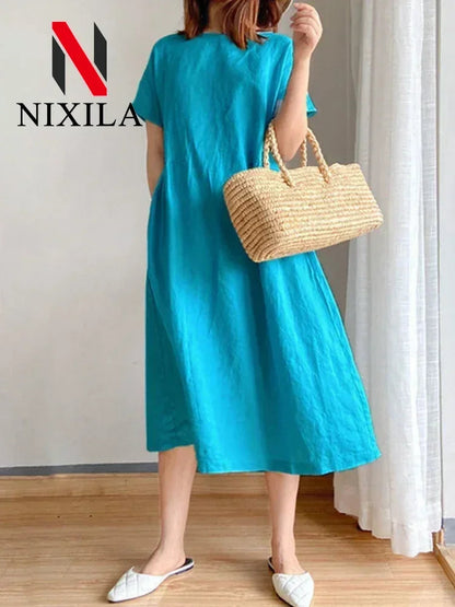 New in Spring Summer Women's Dress Elegant Casual Loose Short Sleeve Tops A-LINE Oversize Solid Midi Dresses for Women Clothing Badiee Stylez