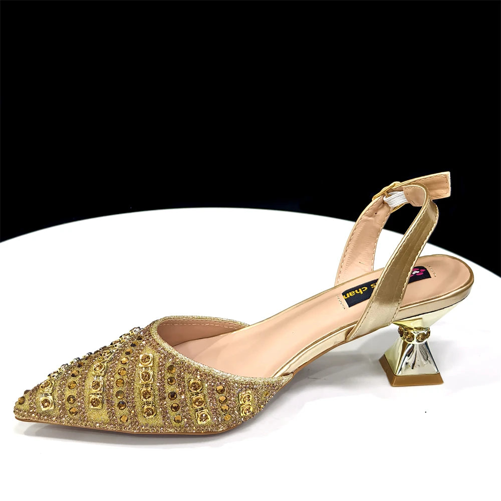 2025 Luxurious Italian Women's Party Shoes & Bag Set – Elegant Golden Rhinestone Spring/Summer Sandals with Pointed High Heels f