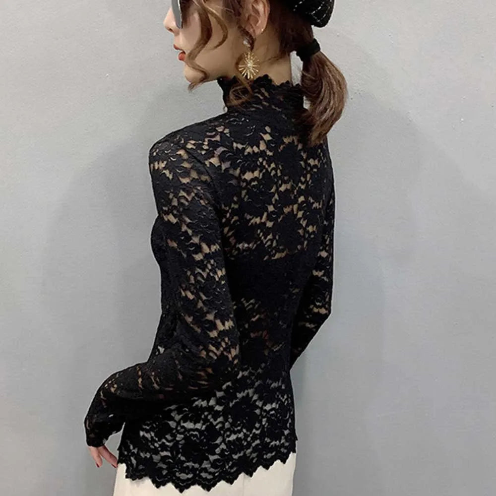 Autumn Women Thin Black Lace T shirt Sexy Turtleneck Long Sleeve Slim Lace Crochet Patchwork Tee Tops WDC6074