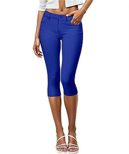 Women Color Capris Pants Stretchy Comfy Skinny Cropped Jeans Pants Button Front Casual Breathable Blue