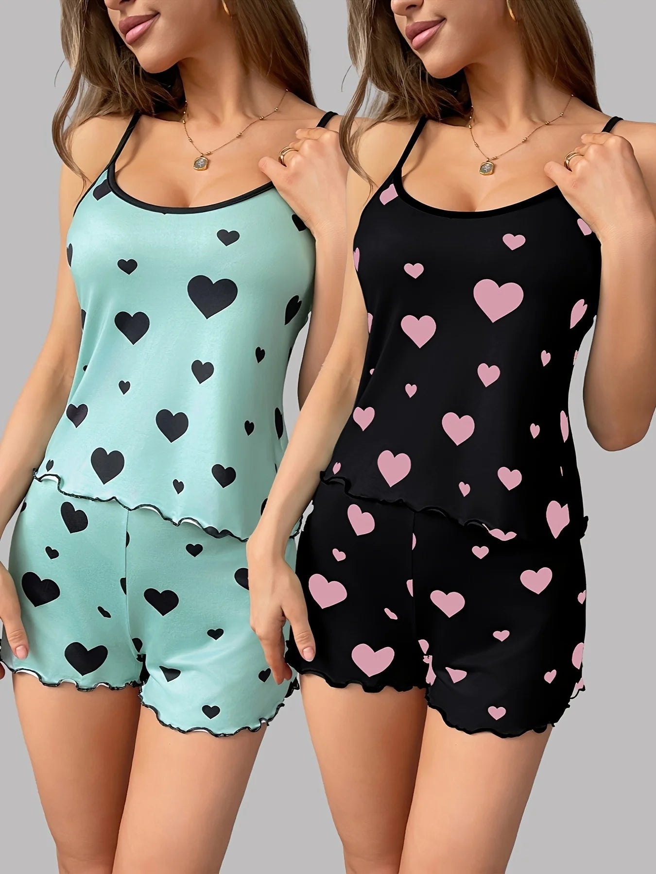 Womens Valentine's Day Cami Pajama Set Sleepwear Heart Love Pattern Loungewear Pjs Ultra Soft Comfy Lounge Set Nightwear New Hot