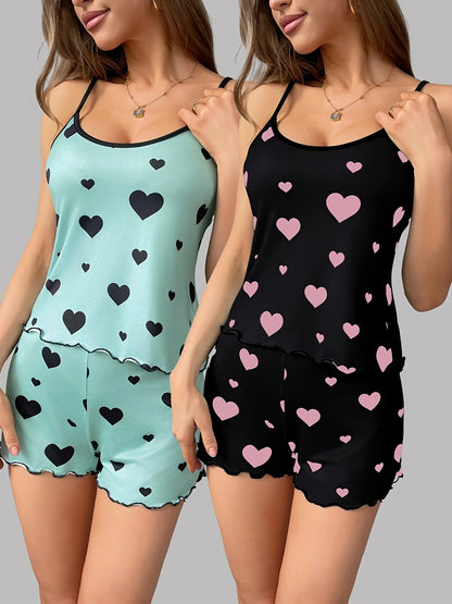 Womens Valentine's Day Cami Pajama Set Sleepwear Heart Love Pattern Loungewear Pjs Ultra Soft Comfy Lounge Set Nightwear New Hot