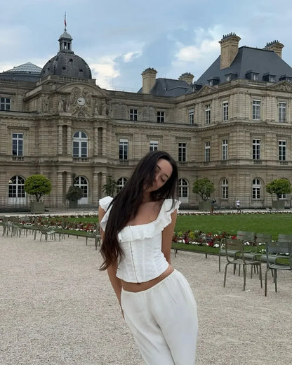 OIINAA Crop Top Women Slash Neck Ruffled Slim Y2k Tops Backless Cross Lace Up White Tank Top Summer 2025 Spice Girls Sexy Tops