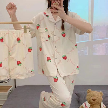 Three-Piece Set of Ladies Pajamas Short Sleeve Long Pants Student Loungewear Cartoon Cardigan Short Sleeve Shorts Cute Pajamas White