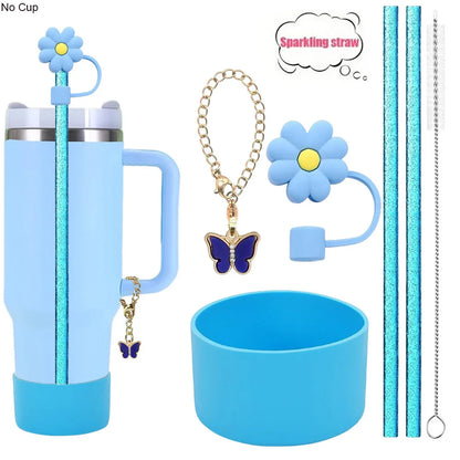6pcs Reusable Accessories Set for Stanley 40oz Tumblers - Bow Straw Covers, Sparkling Straw, Protective Boot, Charm Chains Badiee Stylez
