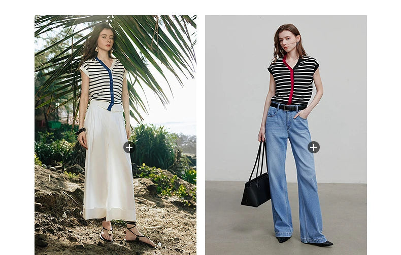 TOYOUTH Women Knitwear 2025 Summer New Short Sleeve Striped Contrast Color Pullover Tops 8523018