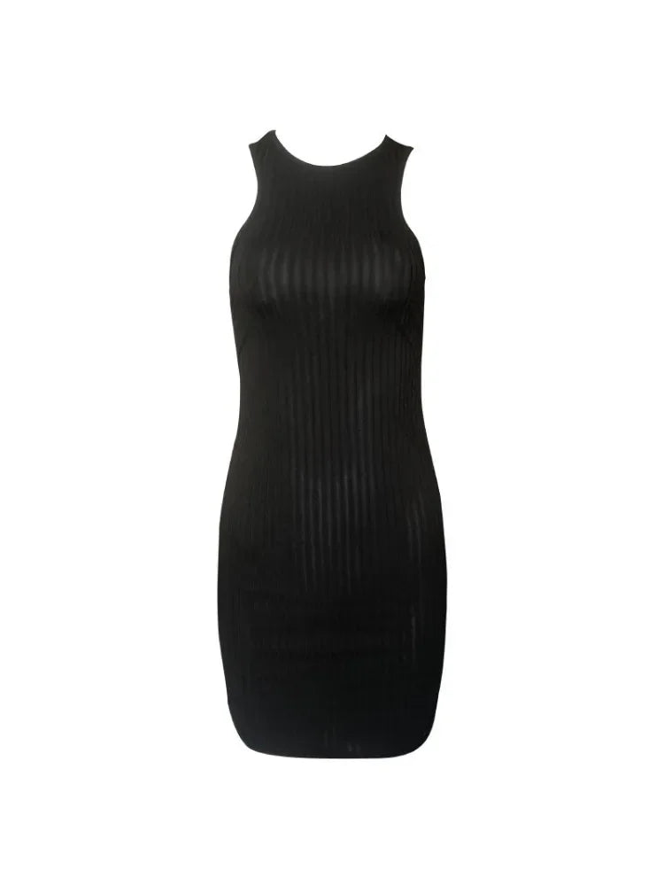 Sexy Stripes Thread Knitting Slim Bodycon Dress Women Sleeveless Solid Color Skinny Mini Dress Elegant Club Party Vestidos black