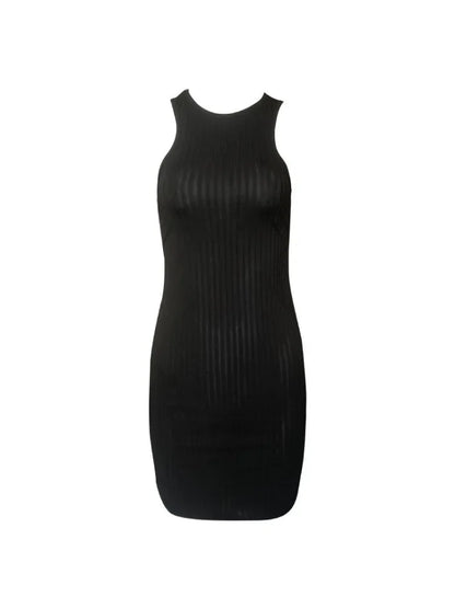 Sexy Stripes Thread Knitting Slim Bodycon Dress Women Sleeveless Solid Color Skinny Mini Dress Elegant Club Party Vestidos black