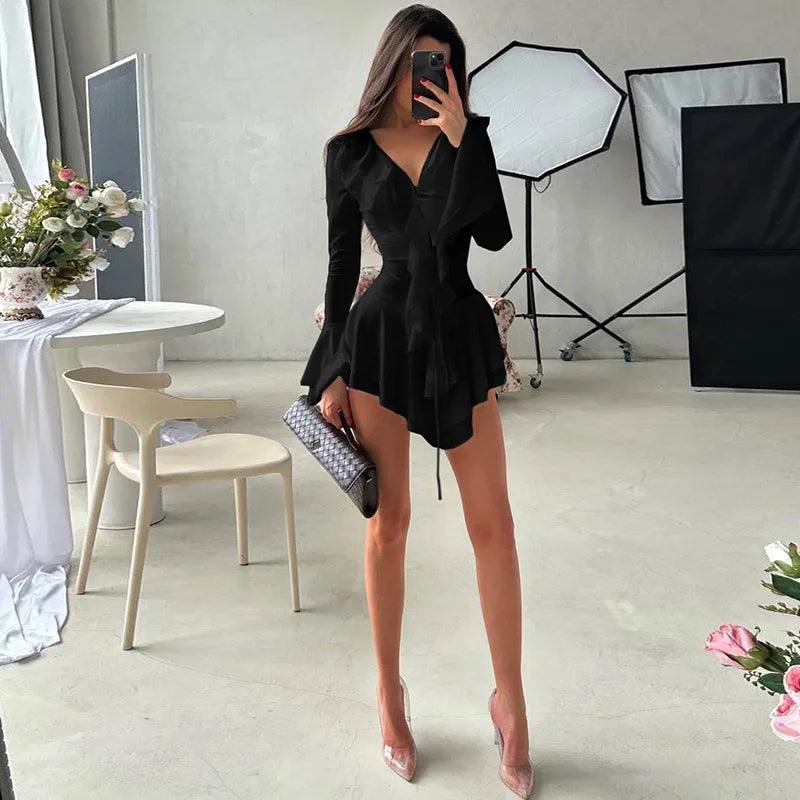 2025 New Autumn Irregular Hem Dress Women Y2K Flare Sleeve V-Neck Bandage Stretch Elegant Birthday Party Chic Hipster Bodycon Badiee Stylez