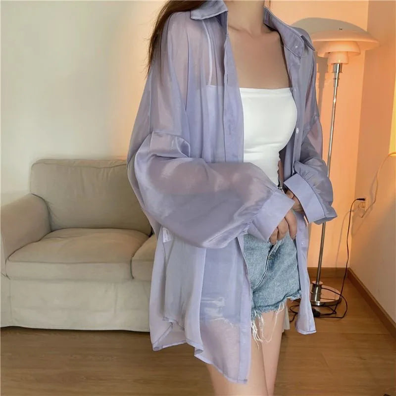 Xpqbb Women's White Chiffon Shirt Sheer Thin Long Sleeve Sun Protection Blouse Woman Casual Loose Simple Single-breasted Shirts