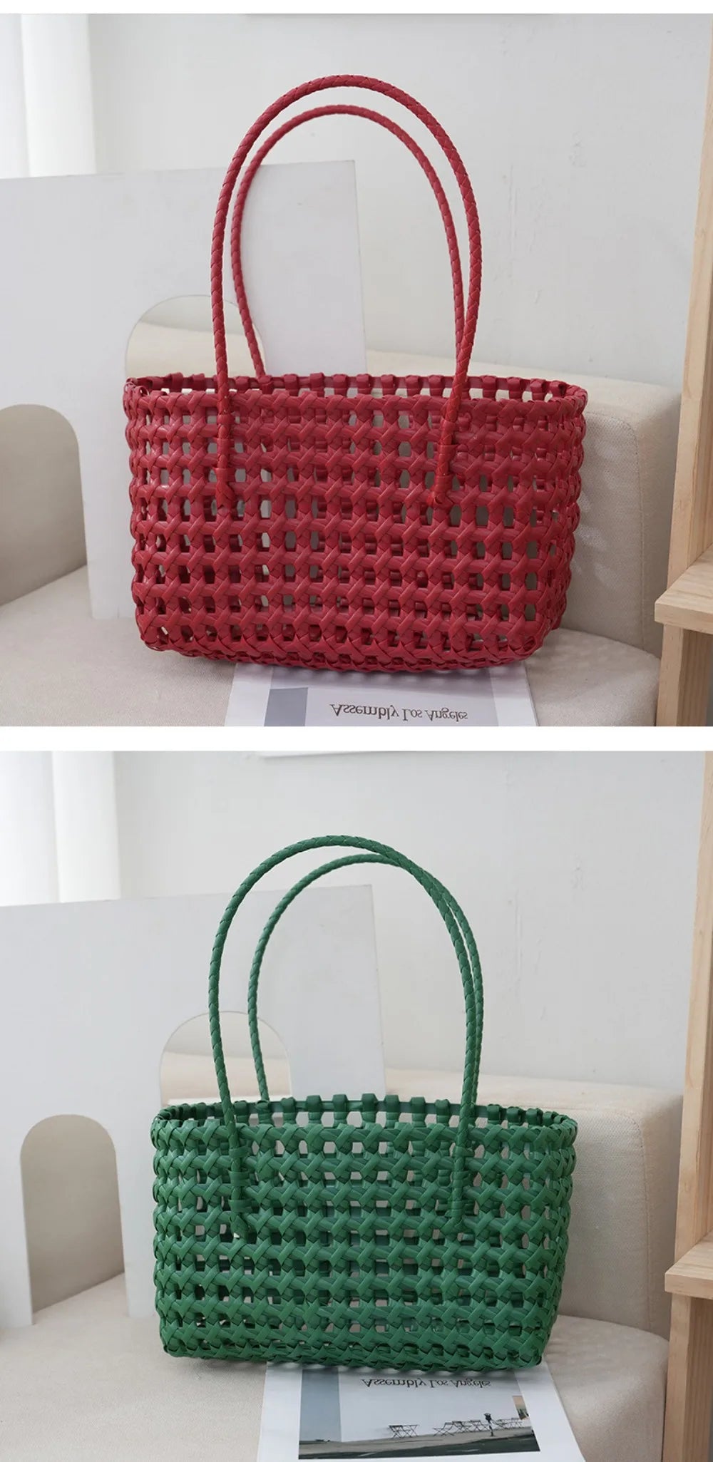 Plastic Hollow Weave Bag Countryside Style Bohemian Style Beach Tote Bag Large Capacity Bucket Bag Vegetable Basket Bag