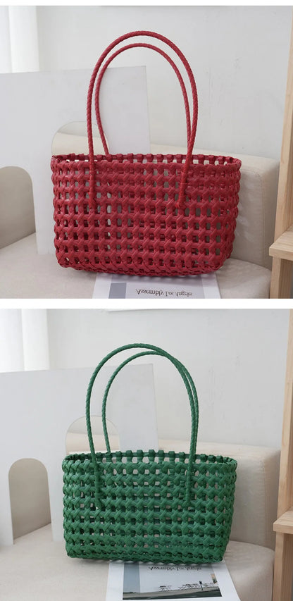 Plastic Hollow Weave Bag Countryside Style Bohemian Style Beach Tote Bag Large Capacity Bucket Bag Vegetable Basket Bag