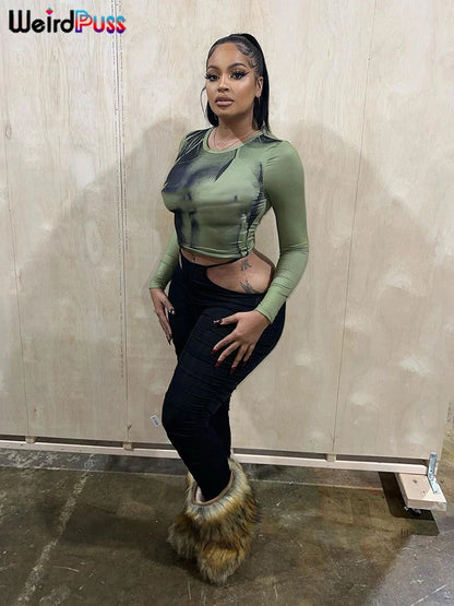 Weird Puss Sexy Print Women Crop Top Long Sleeve O Neck 2023 SpringTrend Skinny Wild Stretchy Vintage Midnight Streetwear Tees