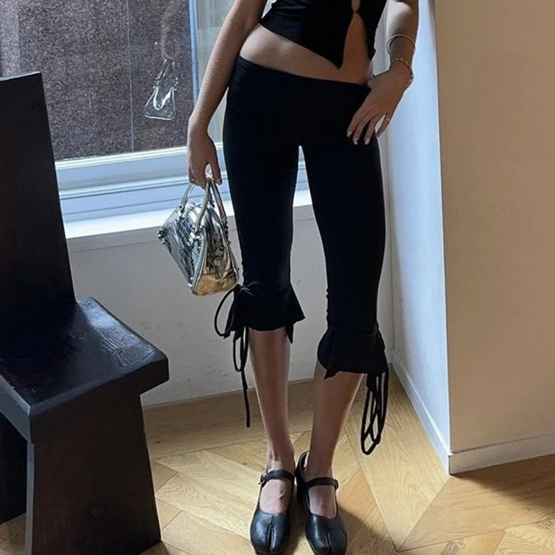 Vintage Tie-up Ruffles Hem Short Pants Y2k Knee Length Capri Trousers Women Folds Low Waist Skinny Pants Fashion High Street Badiee Stylez