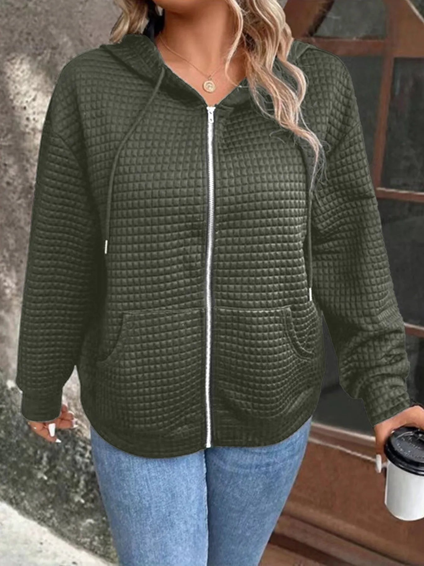 Plus size European and American cross-border autumn new casual solid color pocket zipper hooded jacket green