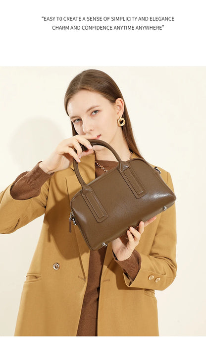 Hifashion Vintage Boston Cow Genuine Leather Handbags For Women 2025 Trend Designer Bowling Work Ladies Shoulder Crossbody Bags